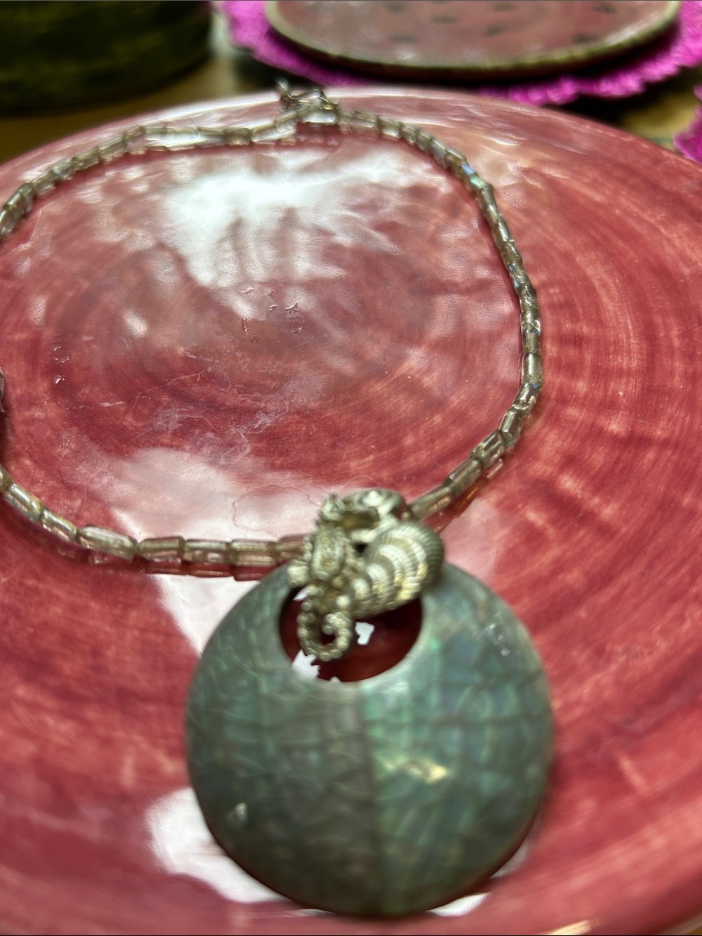 Green Iridescent Shell Disc Necklace with Silver Seashell Accent